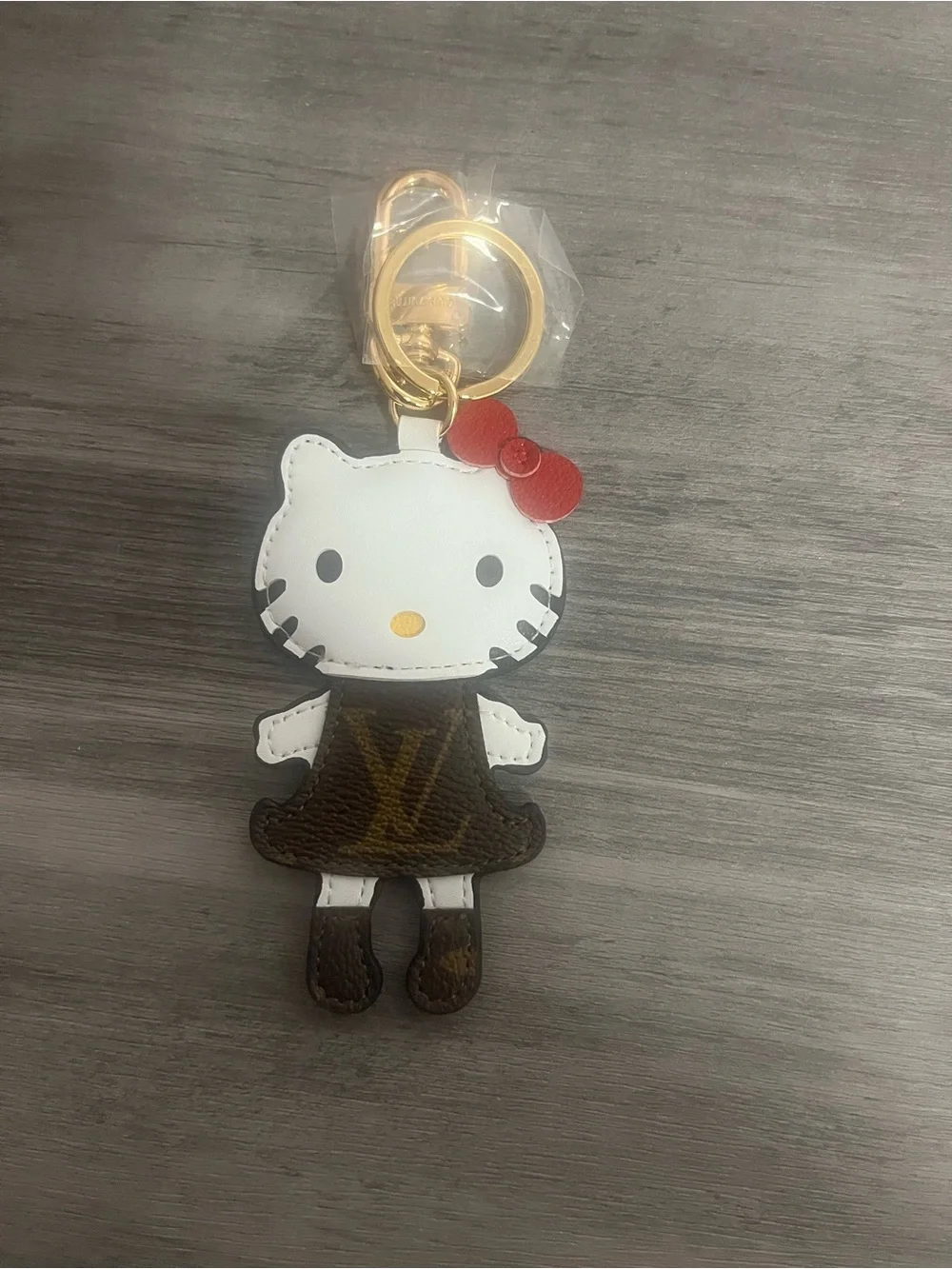 Hello Kitty Style White & Brown Keychain Charm with Red Bow
